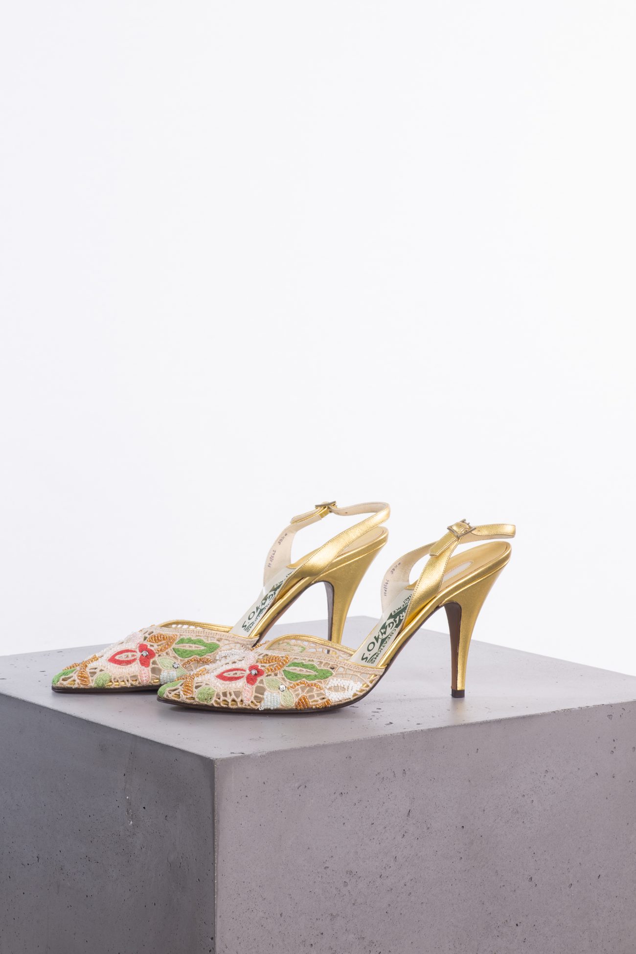 1955 very rare Salvatore Ferragamo “The Madonna” heel- Gold kid Leather with beaded Tavarnelle lace embroidery