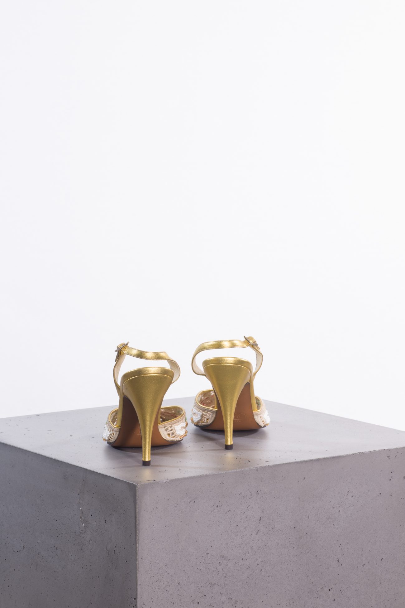 1955 very rare Salvatore Ferragamo “The Madonna” heel- Gold kid Leather with beaded Tavarnelle lace embroidery