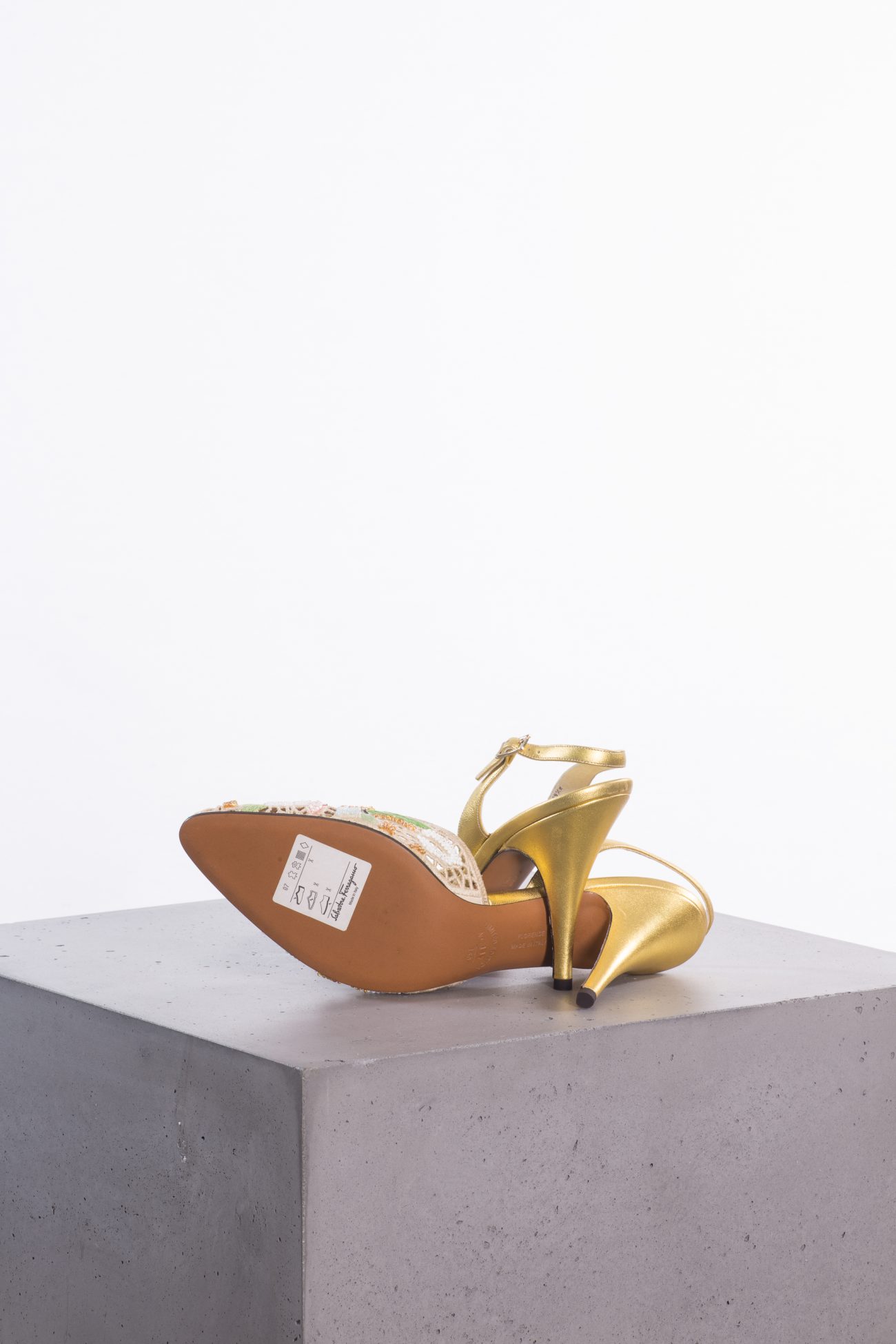 1955 very rare Salvatore Ferragamo “The Madonna” heel- Gold kid Leather with beaded Tavarnelle lace embroidery