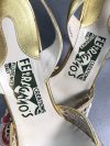 1955 very rare Salvatore Ferragamo “The Madonna” heel- Gold kid Leather with beaded Tavarnelle lace embroidery