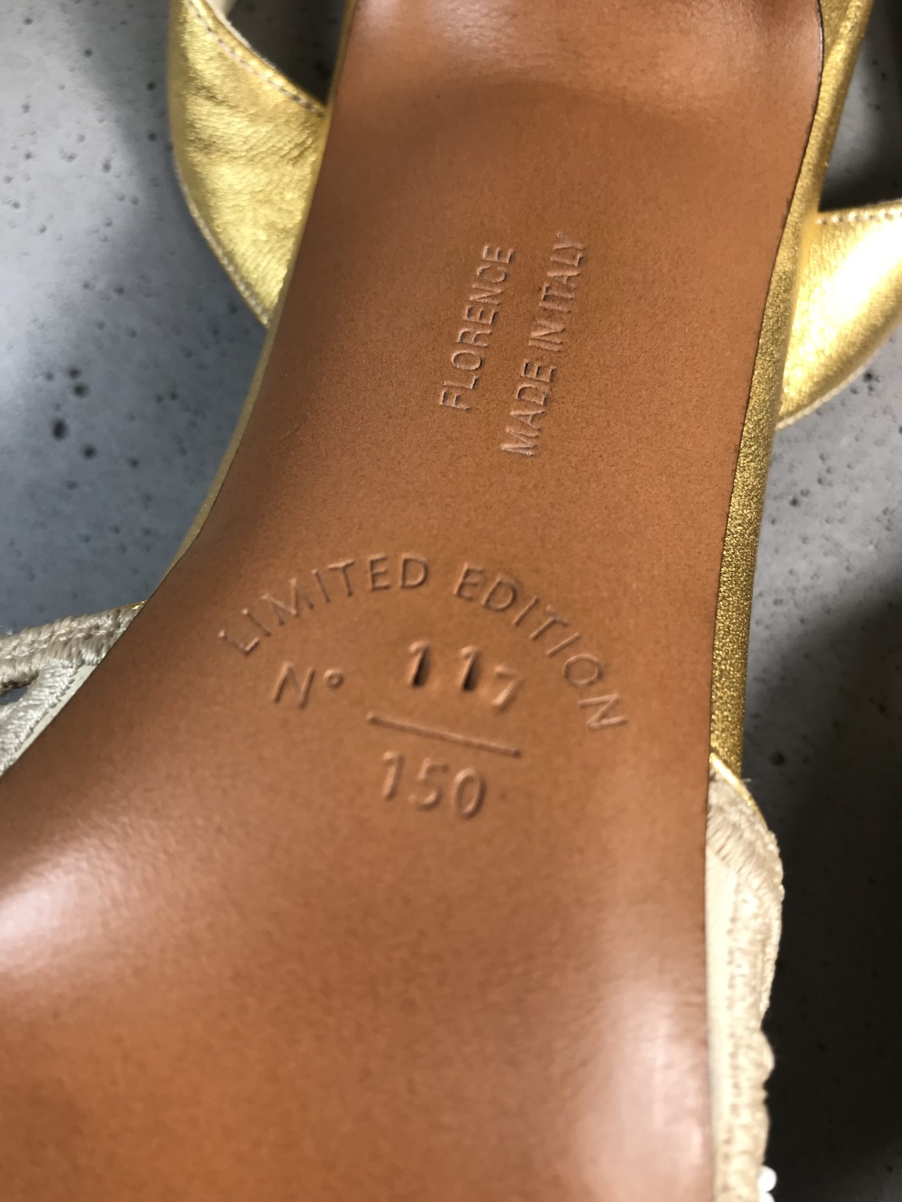 1955 very rare Salvatore Ferragamo “The Madonna” heel- Gold kid Leather with beaded Tavarnelle lace embroidery