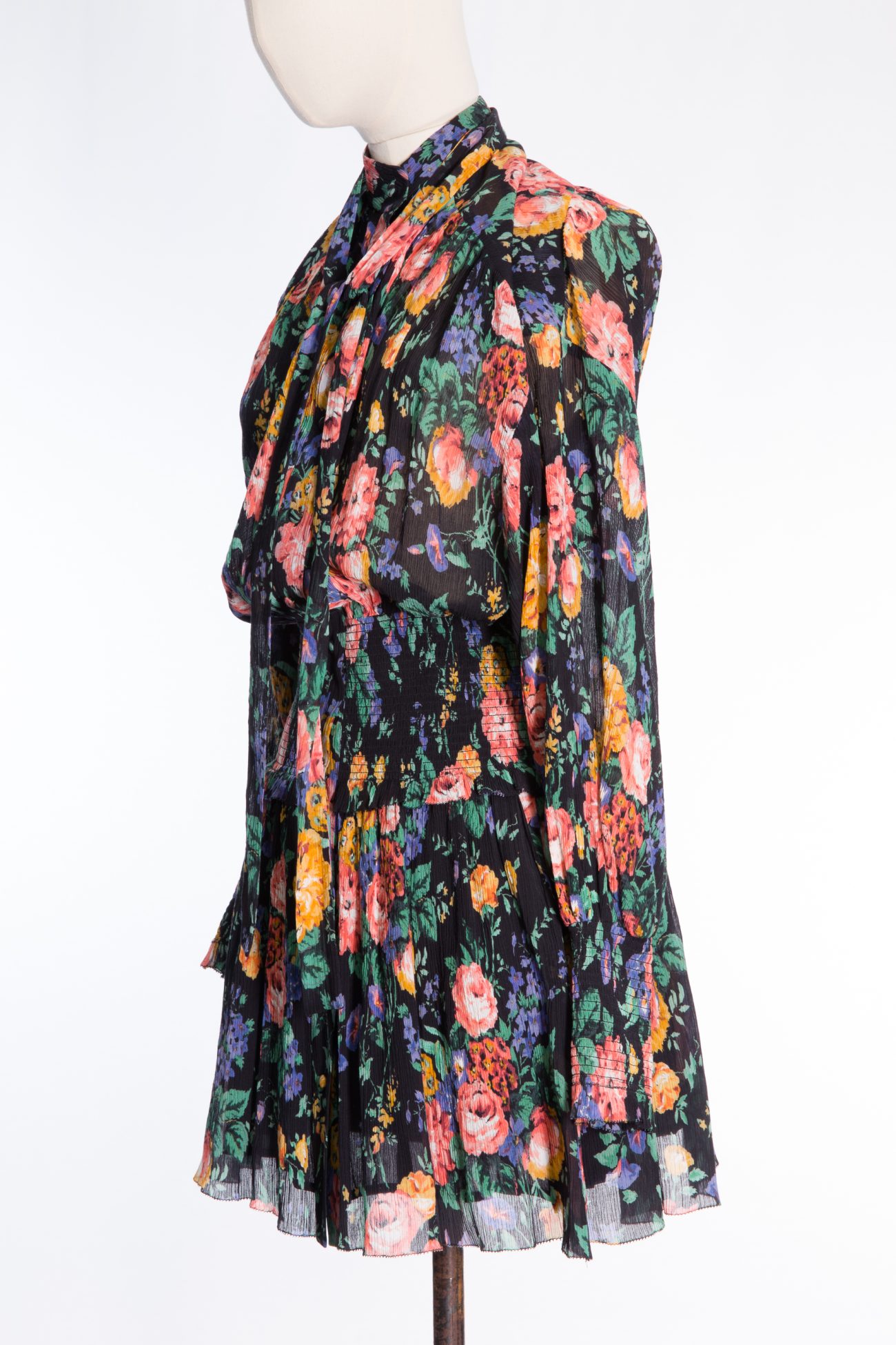 Zimmermann Allia shirred tie neck floral silk blend mini dress 