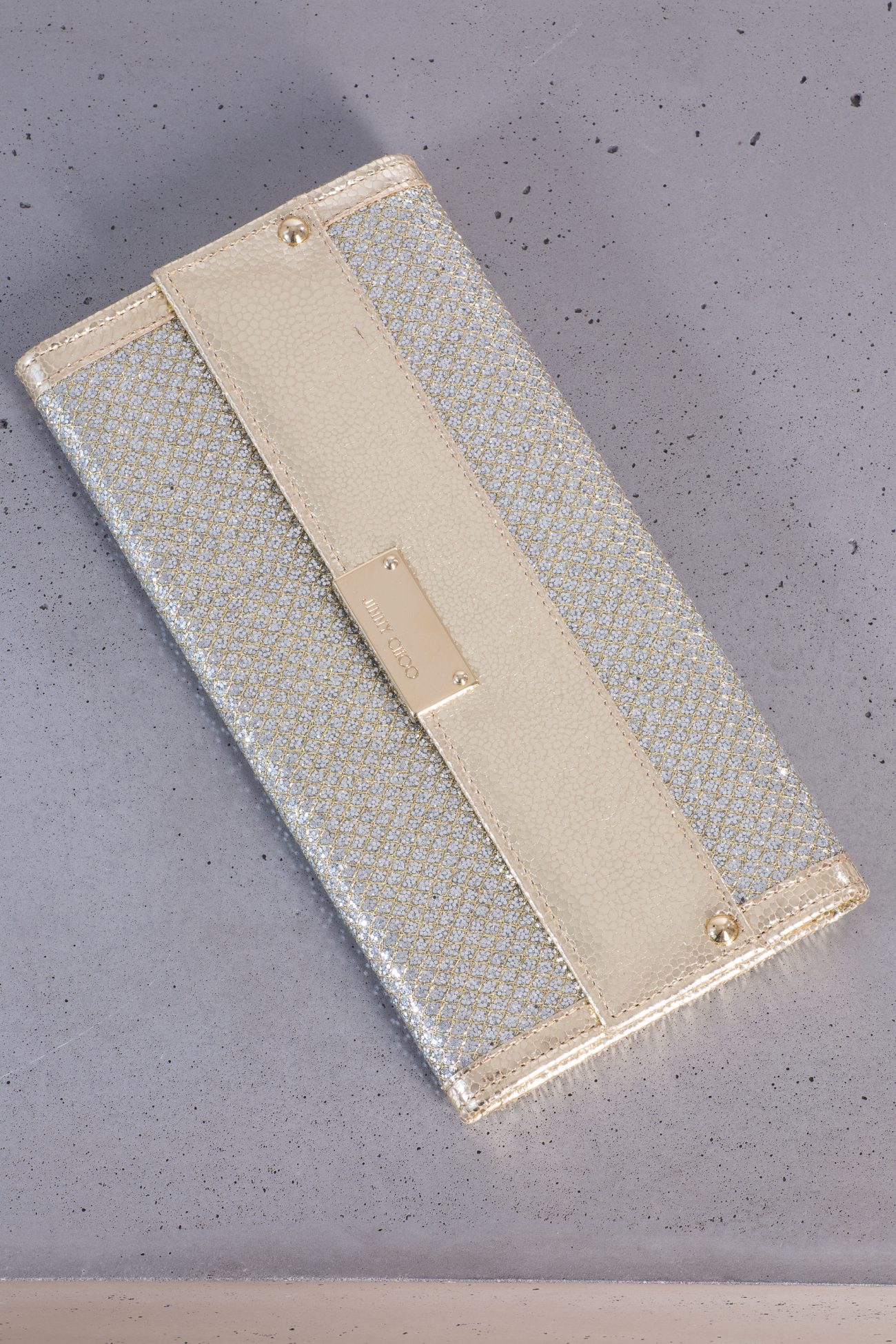 Jimmy Choo Gold and silver glitter leather clutch bag
