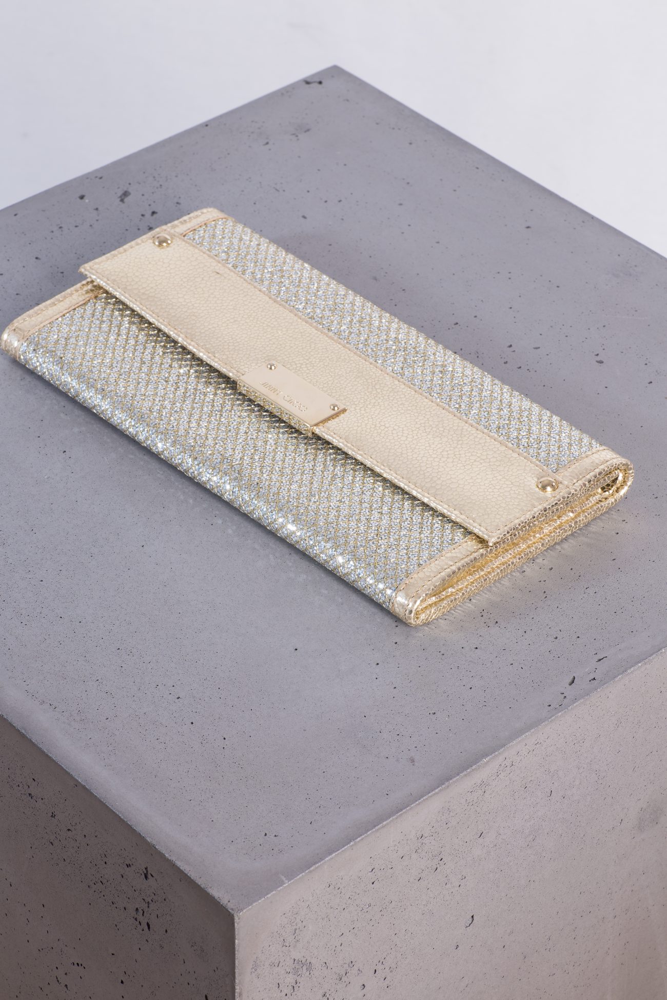 Jimmy Choo Gold and silver glitter leather clutch bag