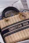 Christian Dior Medium Lady Dior natural rattan and blue Dior oblique jacquard bag