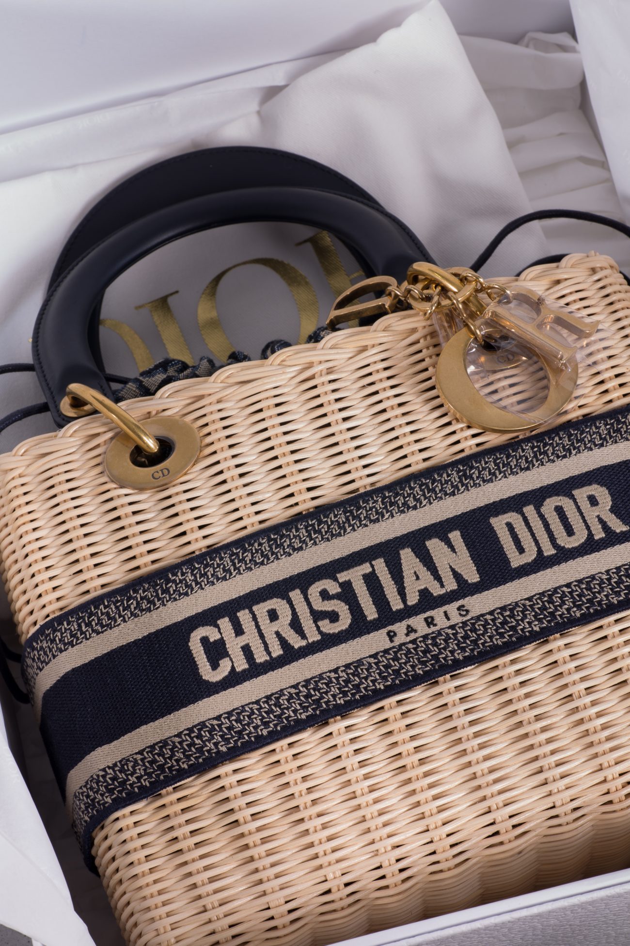Christian Dior Medium Lady Dior natural rattan and blue Dior oblique jacquard bag