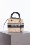 Christian Dior Medium Lady Dior natural rattan and blue Dior oblique jacquard bag