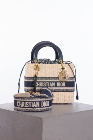 Christian Dior Medium Lady Dior natural rattan and blue Dior oblique jacquard bag