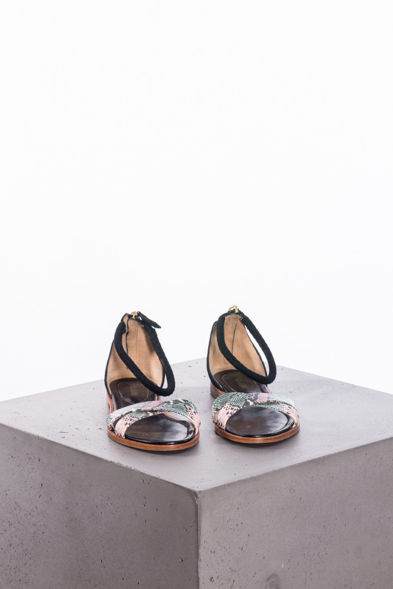 Pollini Leather & suede sandals with snakeskin print