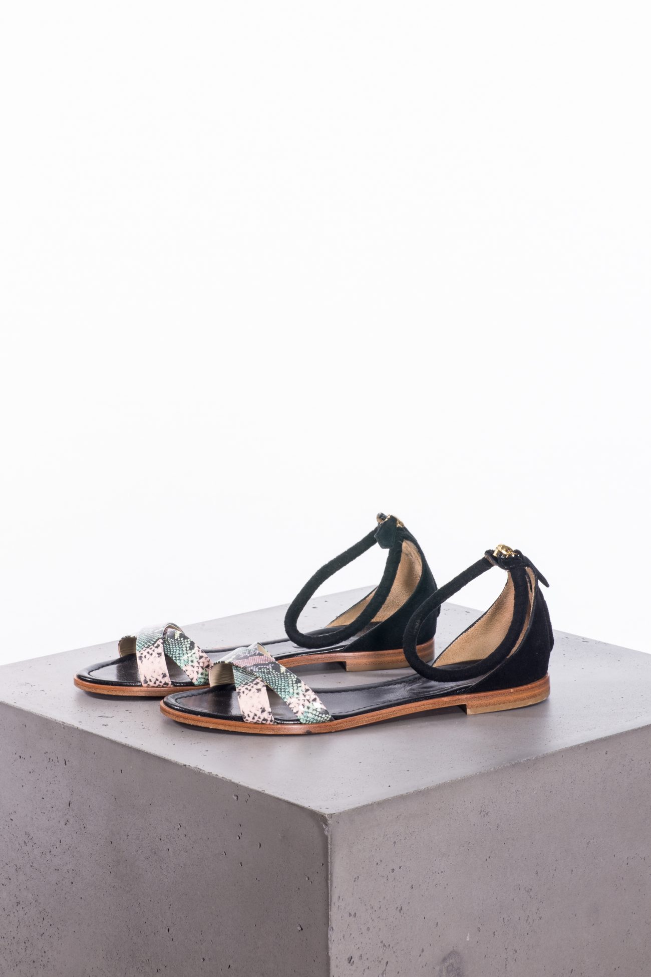 Pollini Leather & suede sandals with snakeskin print