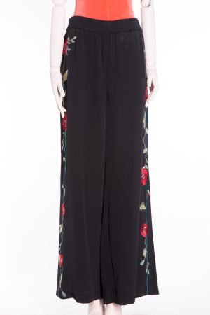 Vilshenko Wide silk trousers with poppy embroidery