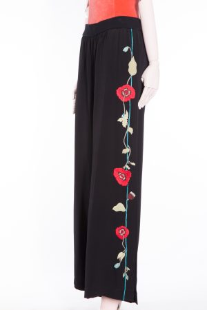 Vilshenko Wide silk trousers with poppy embroidery