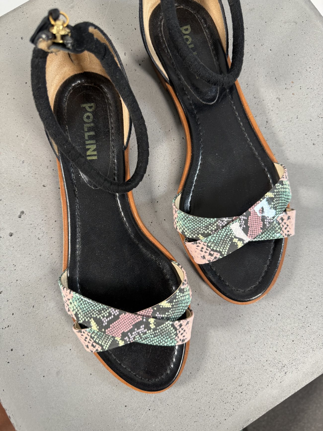 Pollini Leather & suede sandals with snakeskin print