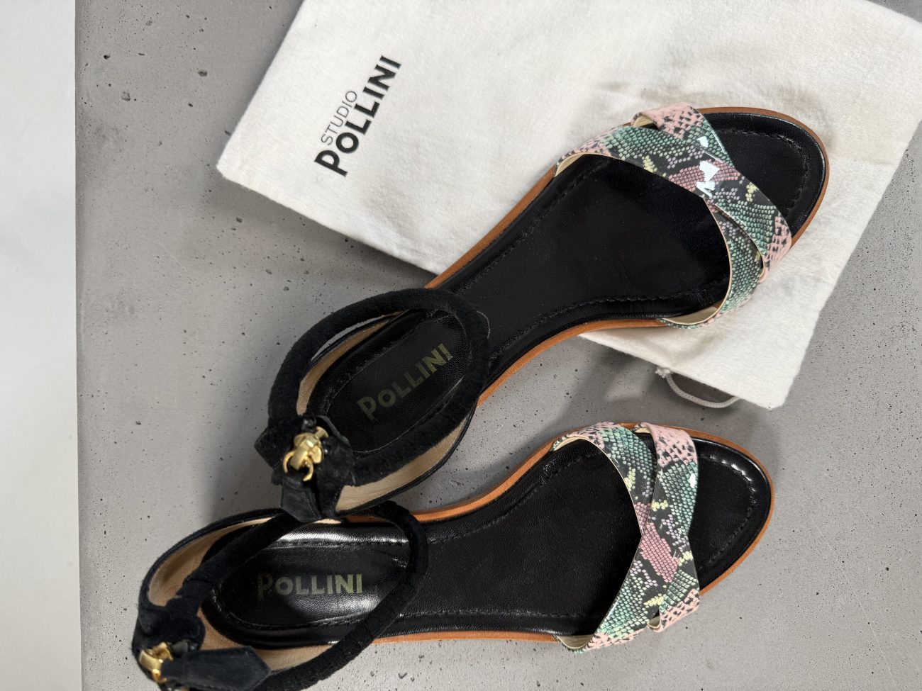 Pollini Leather & suede sandals with snakeskin print