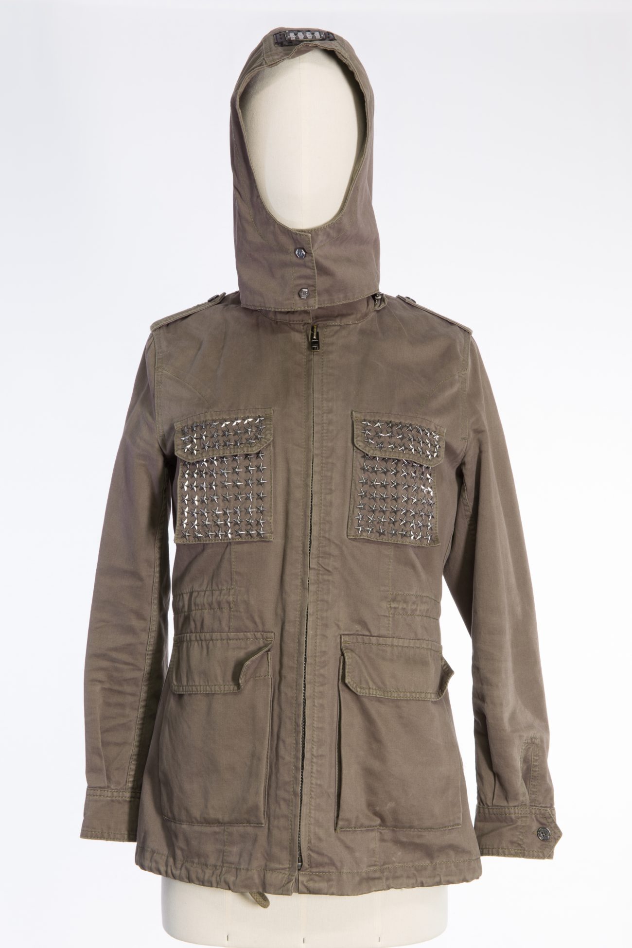 Philipp Plein Khaki camouflage jacket with crystal skull back, detachable lining and hood