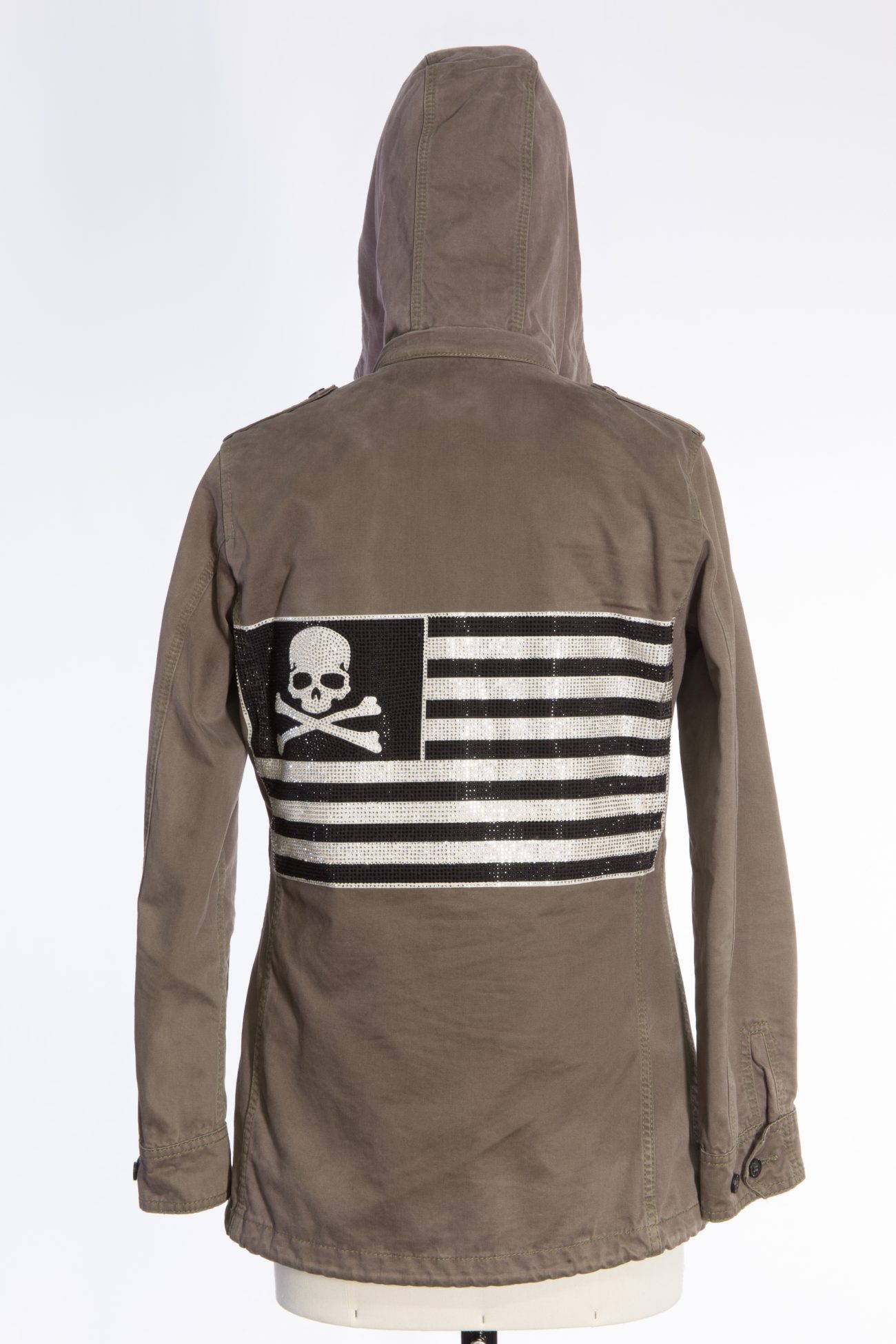 Philipp Plein Khaki camouflage jacket with crystal skull back, detachable lining and hood