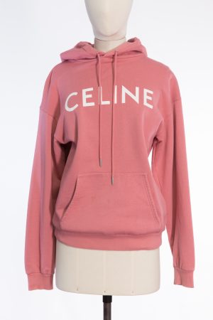 Celine Pink hoodie with white logo & kangaroo pocket
