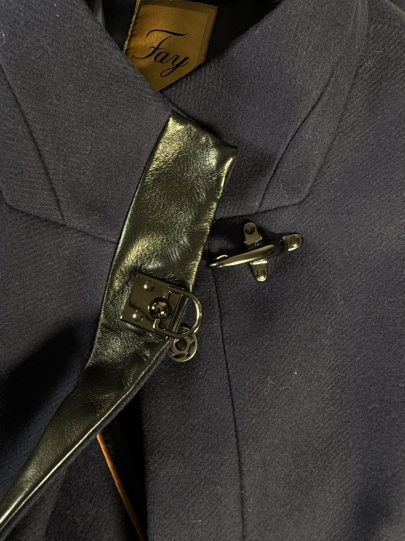 Fay Wool coat with leather insert and signature buckle
