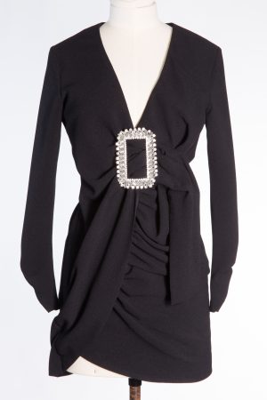 Se-Ta Black Cocktail Dress with Crystal Buckle and Draped Detailing