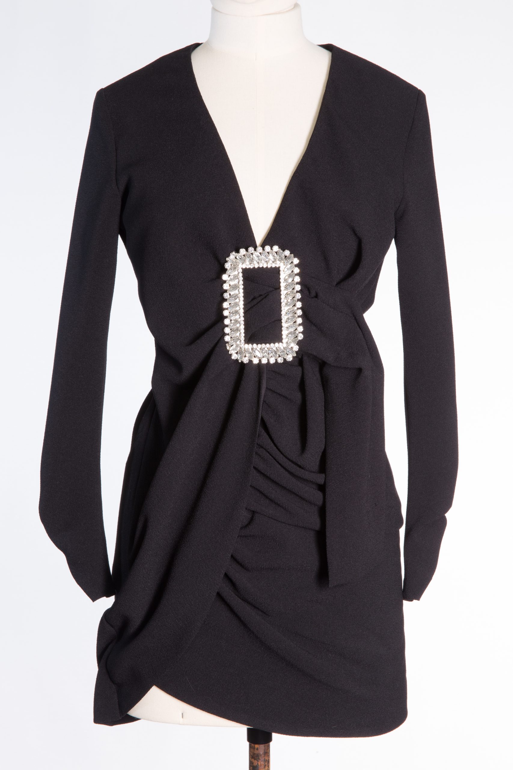 Se-Ta Black Cocktail Dress with Crystal Buckle and Draped Detailing