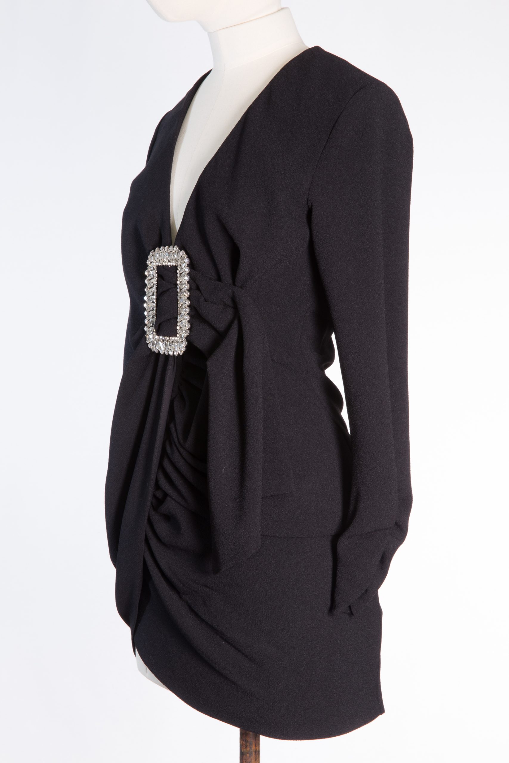 Se-Ta Black Cocktail Dress with Crystal Buckle and Draped Detailing