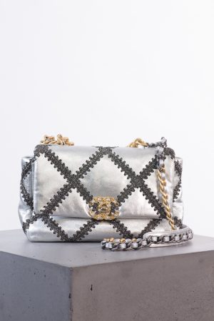 Chanel Metallic Calfskin Crochet Medium 19 Flap (Silver, 2021):