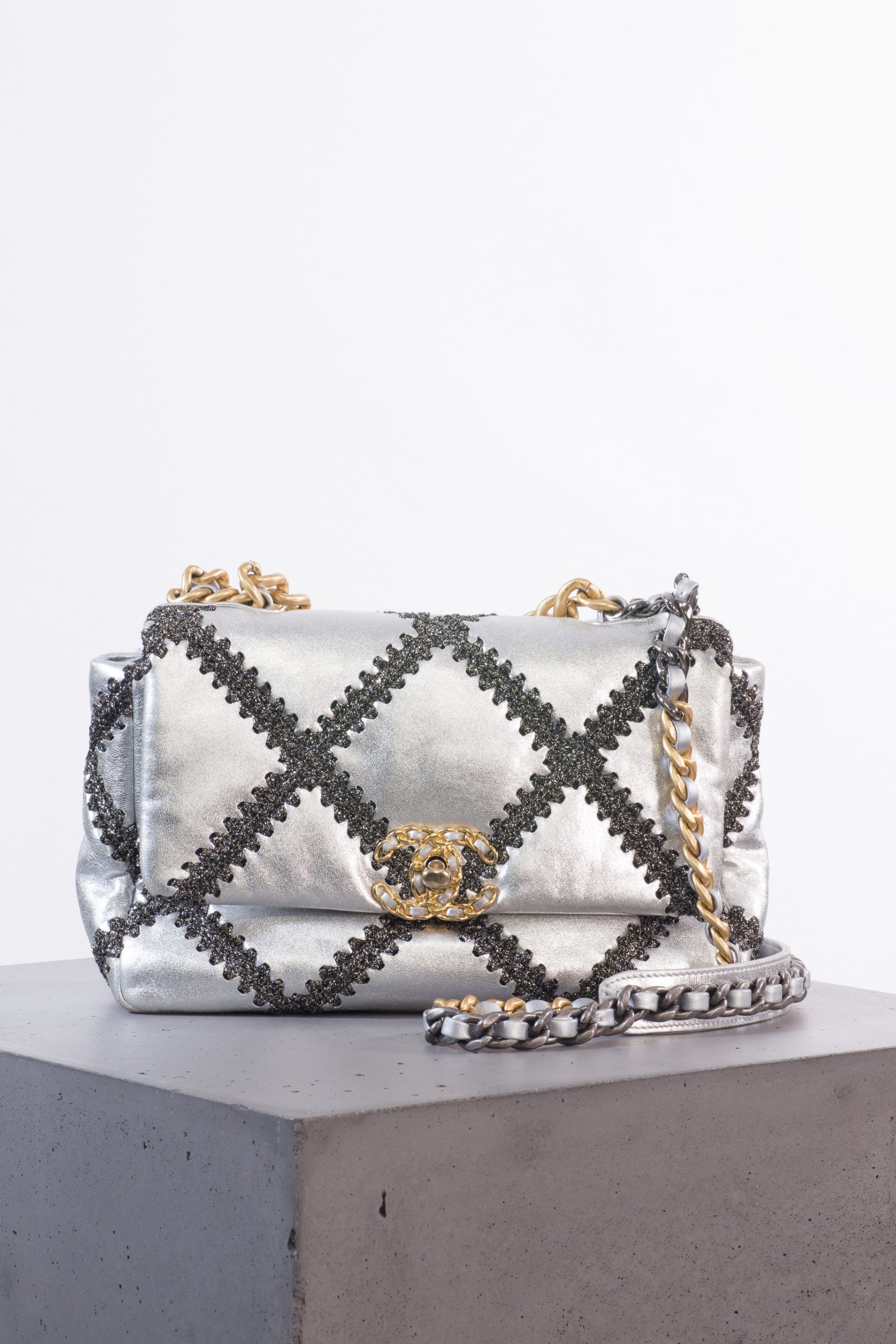 Chanel Metallic Calfskin Crochet Medium 19 Flap (Silver, 2021): Chanel Metallic Calfskin Crochet Medium 19 Flap (Silver, 2021):
