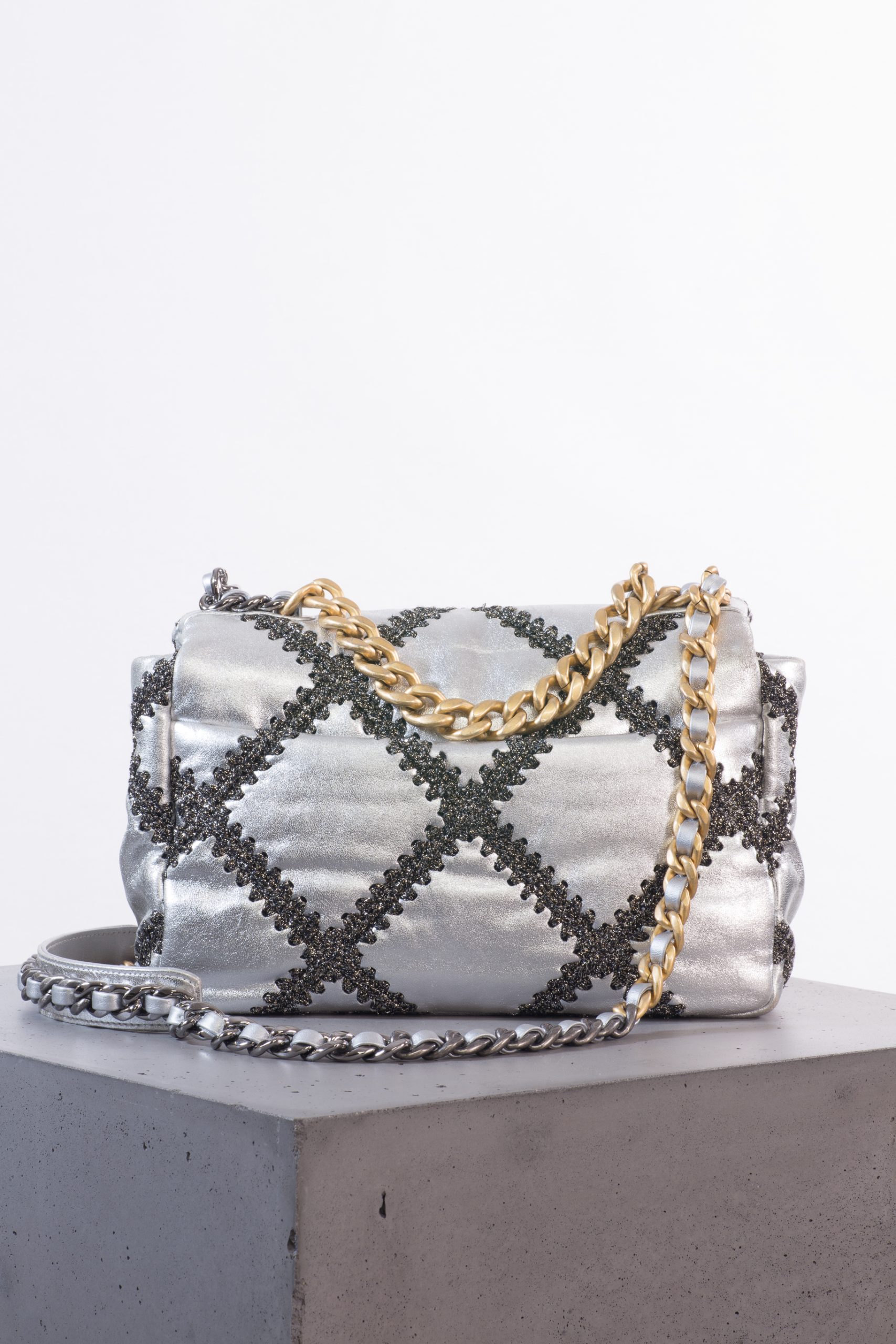 Chanel Metallic Calfskin Crochet Medium 19 Flap (Silver, 2021): Chanel Metallic Calfskin Crochet Medium 19 Flap (Silver, 2021):