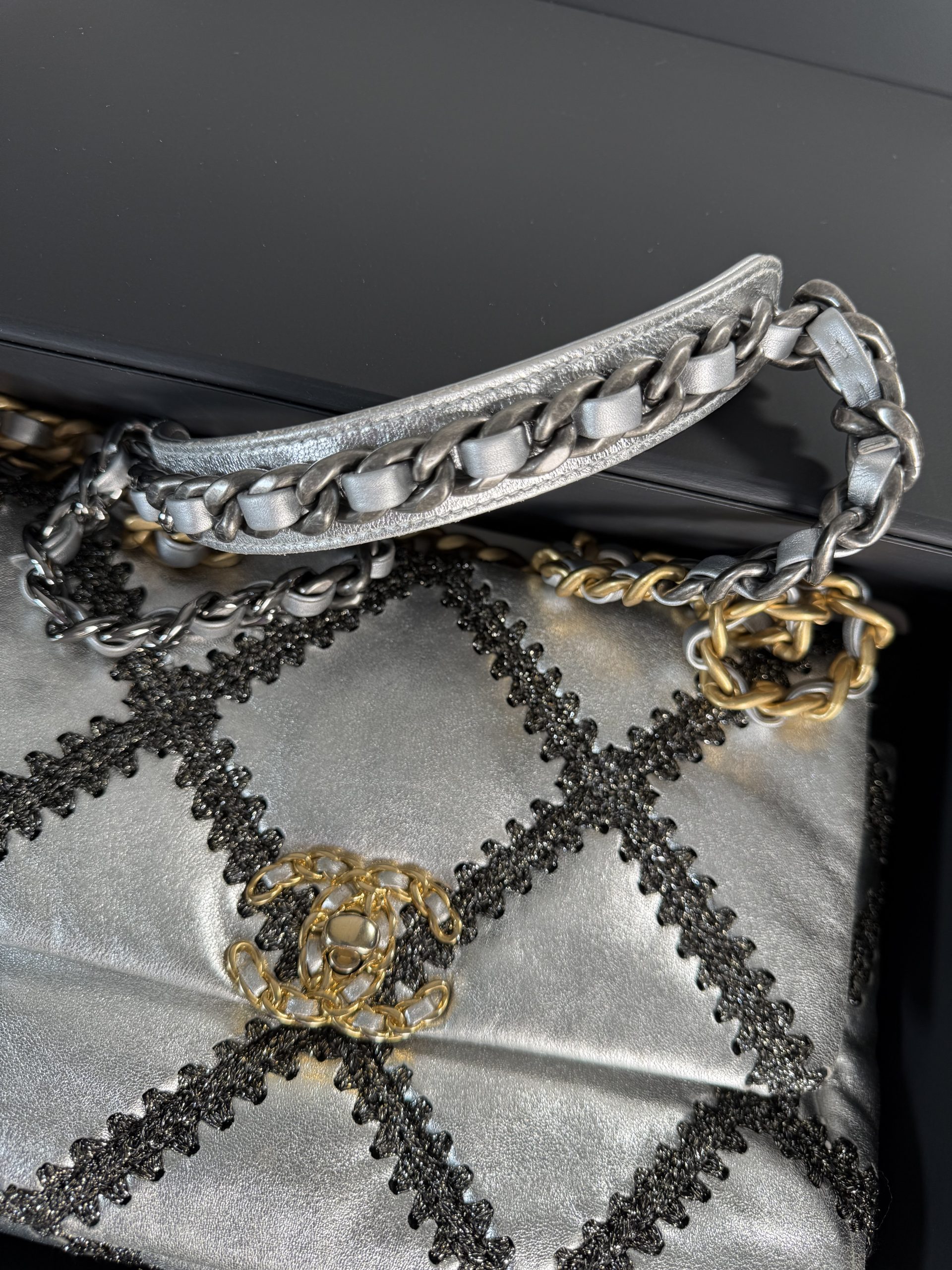 Chanel Metallic Calfskin Crochet Medium 19 Flap (Silver, 2021): Chanel Metallic Calfskin Crochet Medium 19 Flap (Silver, 2021):