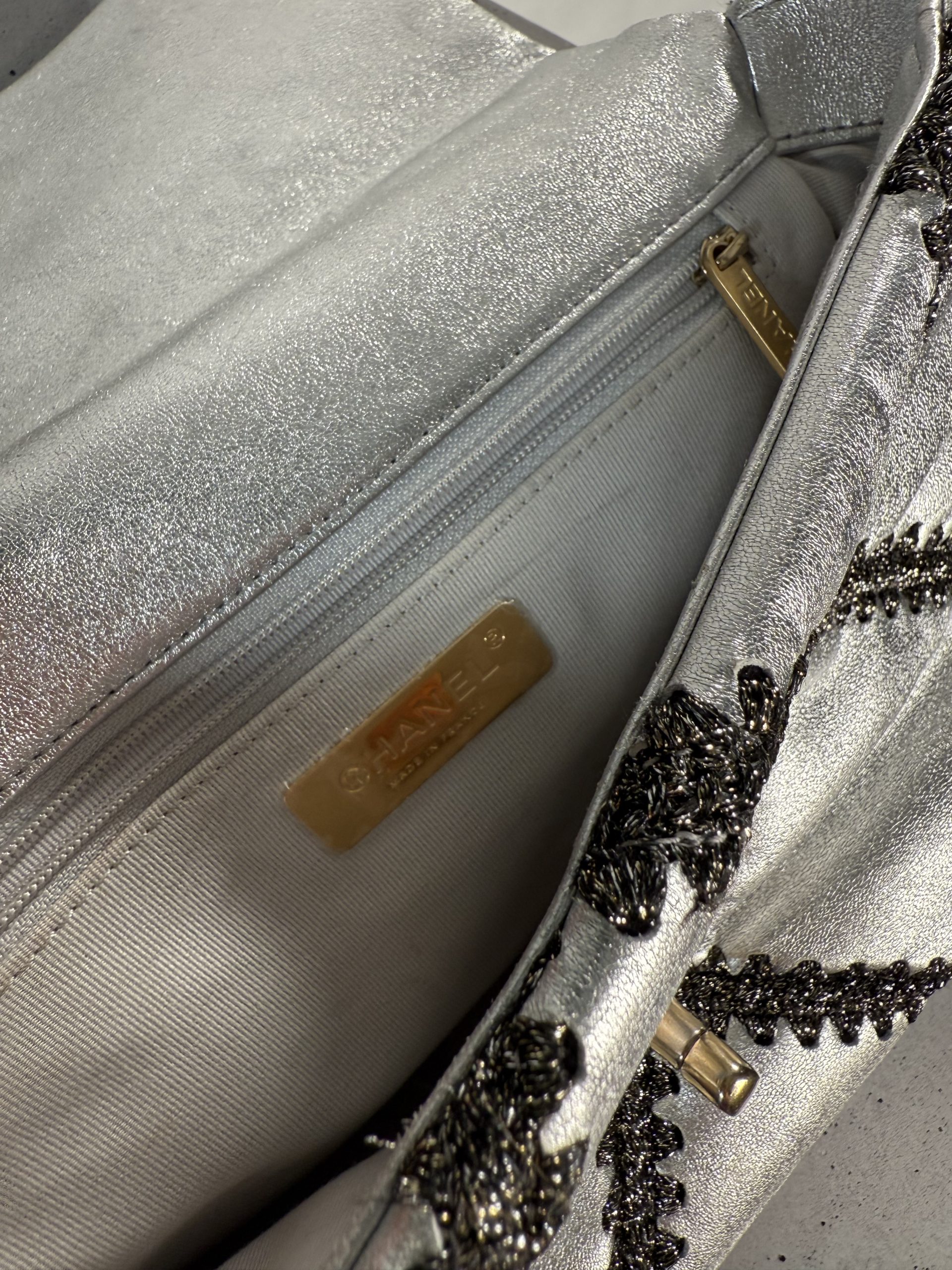 Chanel Metallic Calfskin Crochet Medium 19 Flap (Silver, 2021): Chanel Metallic Calfskin Crochet Medium 19 Flap (Silver, 2021):