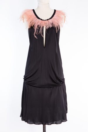 Pinko Black Cocktail Dress with Blush Feather Neckline