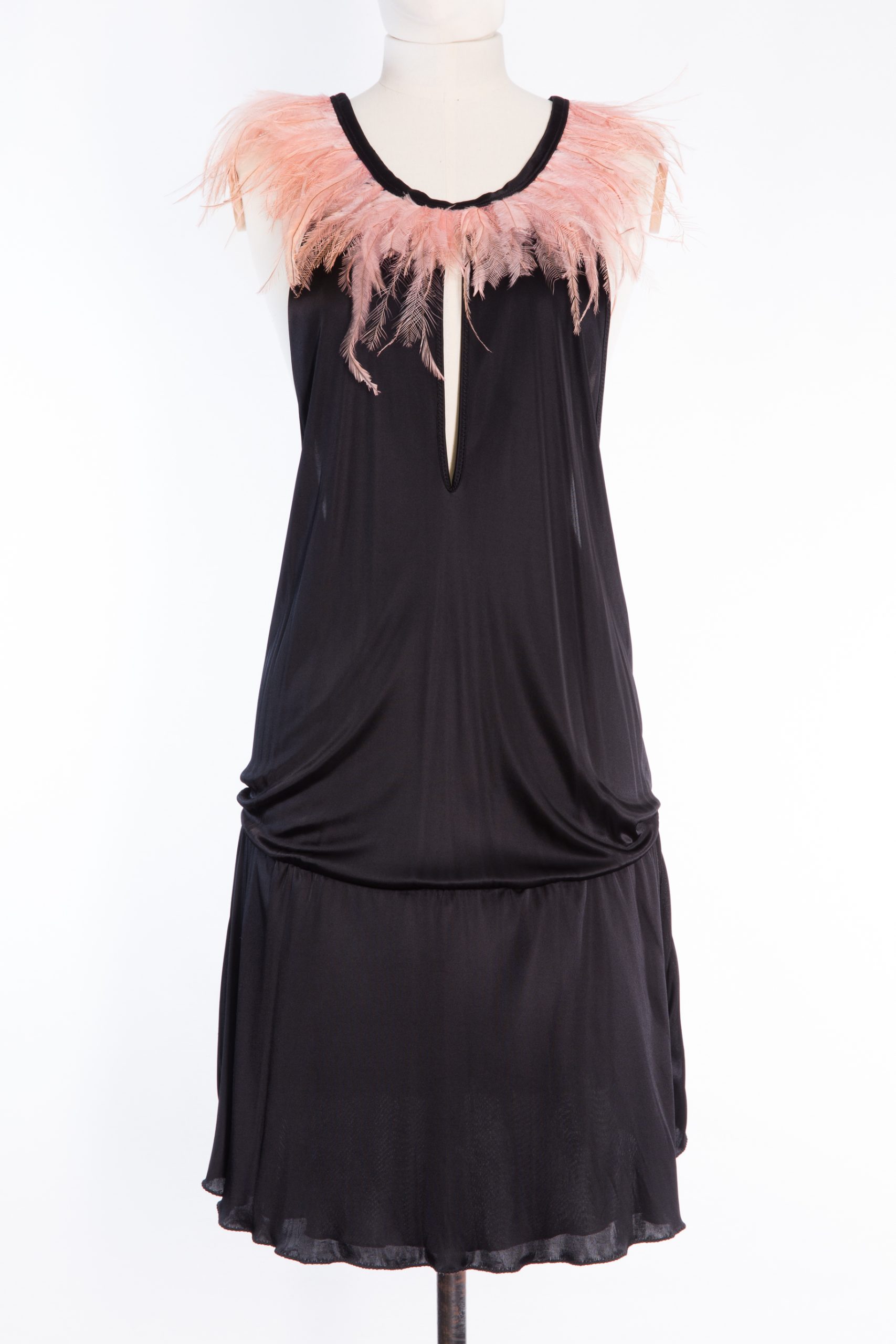 Pinko Black Cocktail Dress with Blush Feather Neckline