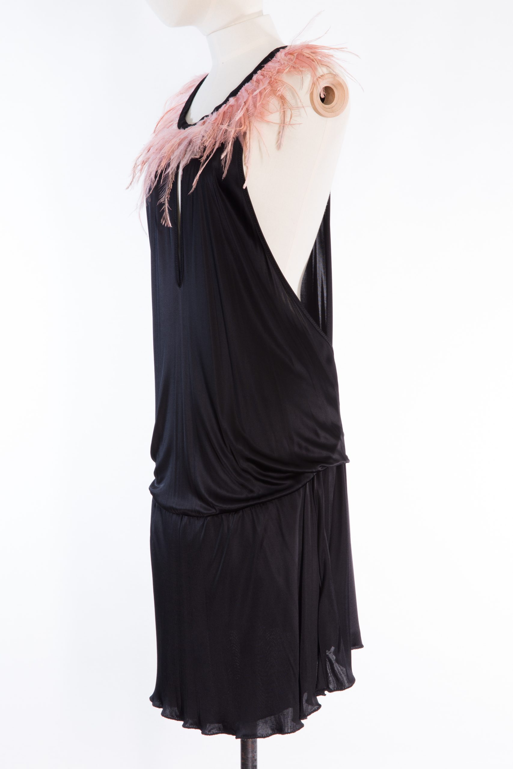 Pinko Black Cocktail Dress with Blush Feather Neckline