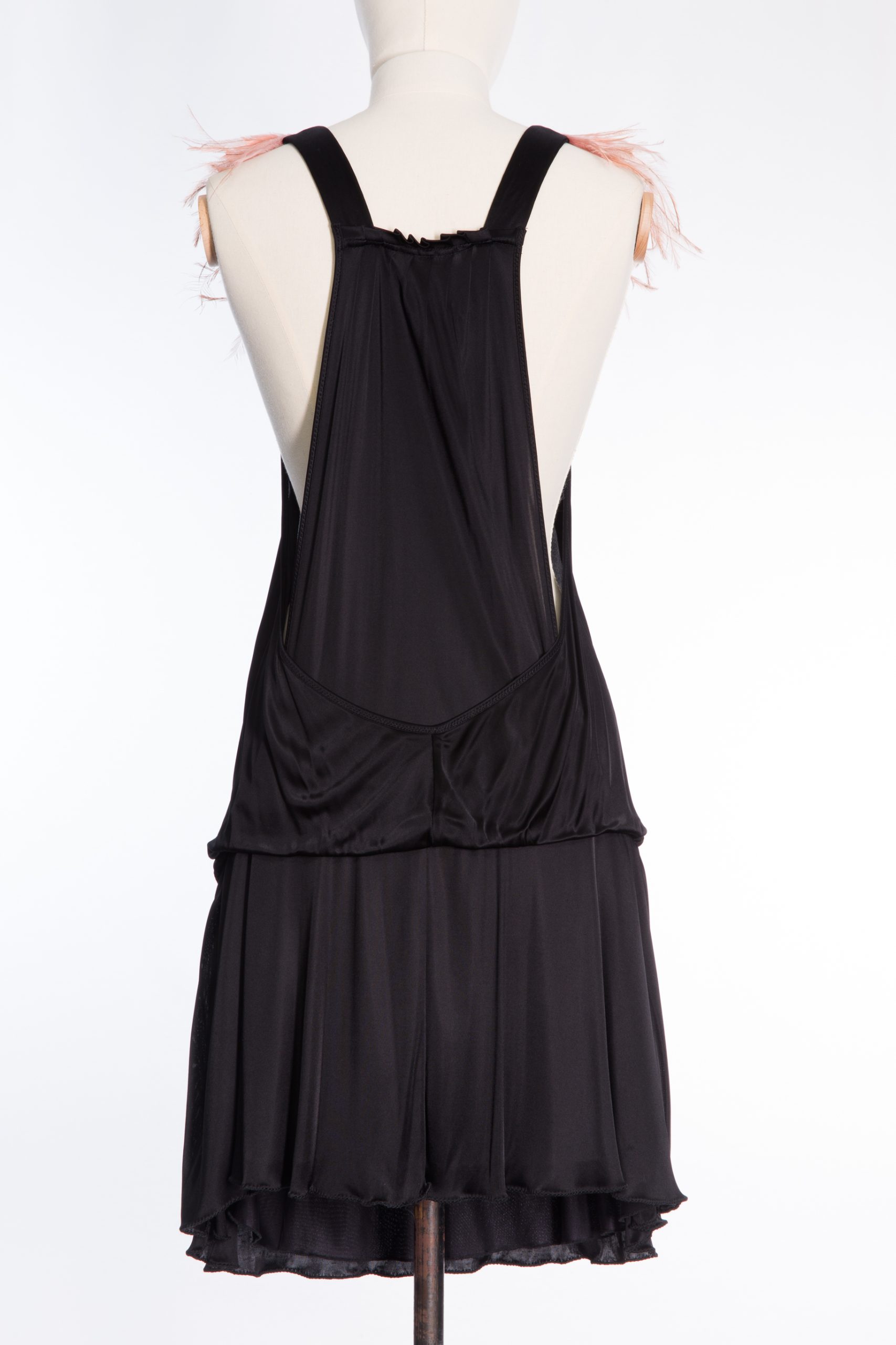 Pinko Black Cocktail Dress with Blush Feather Neckline