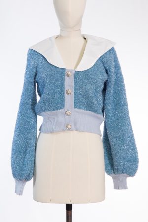 Ganni Festive Cropped Sparkling Sweater with Crystal-Flower Buttons