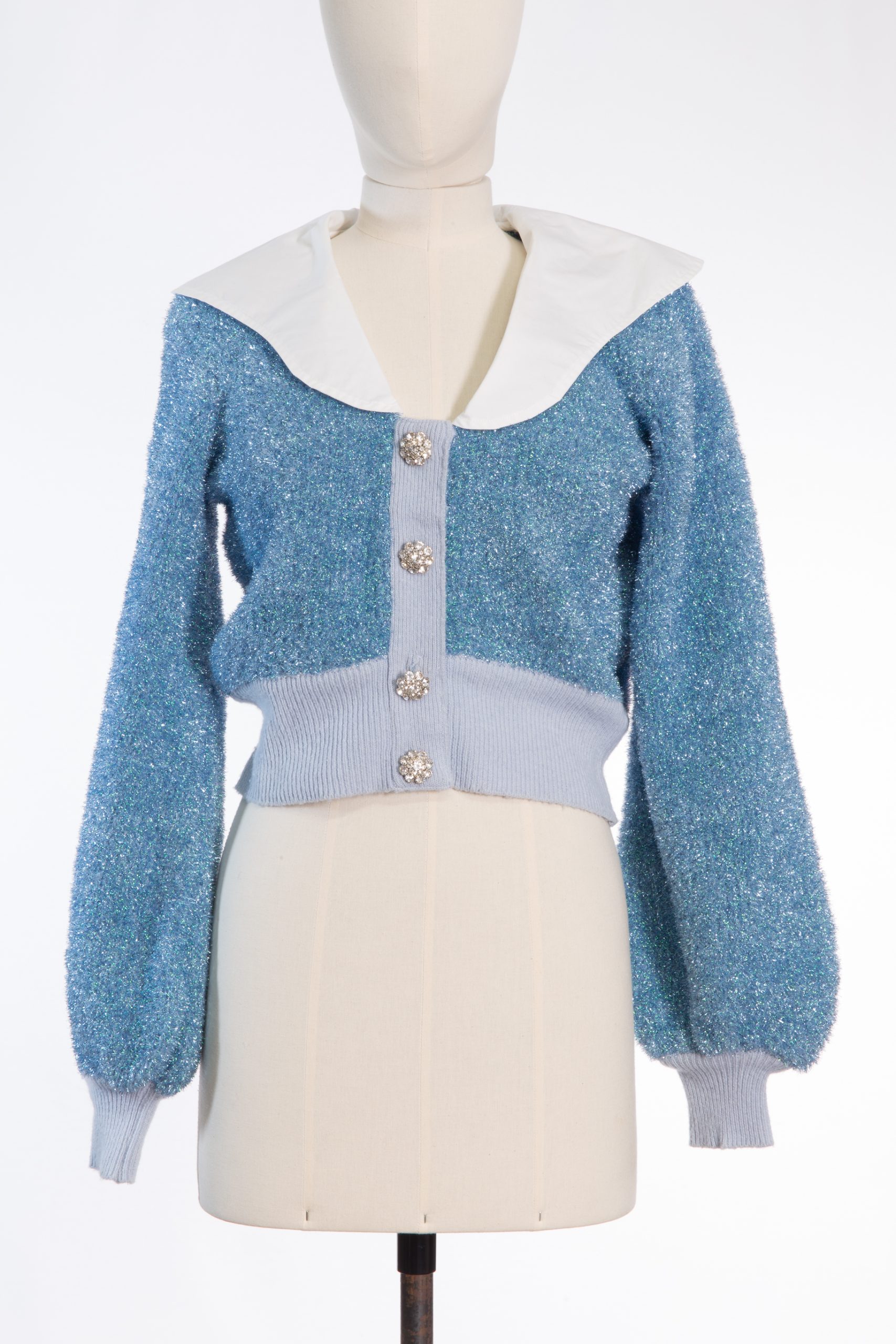 Ganni Festive Cropped Sparkling Sweater with Crystal-Flower Buttons Ganni Festive Cropped Sparkling Sweater with Crystal-Flower Buttons