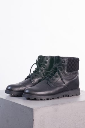 Gucci Black Leather Lace-Up Winter Boots with GG Suede Cuff