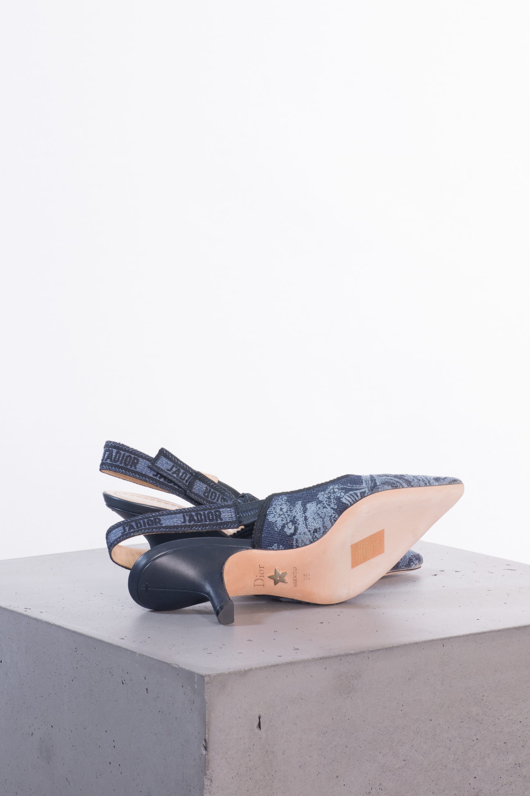 Christian Dior J’Adior Dark-Blue Slingbacks with Light-Blue Botanical Embroidery Christian Dior J’Adior Dark-Blue Slingbacks with Light-Blue Botanical Embroidery