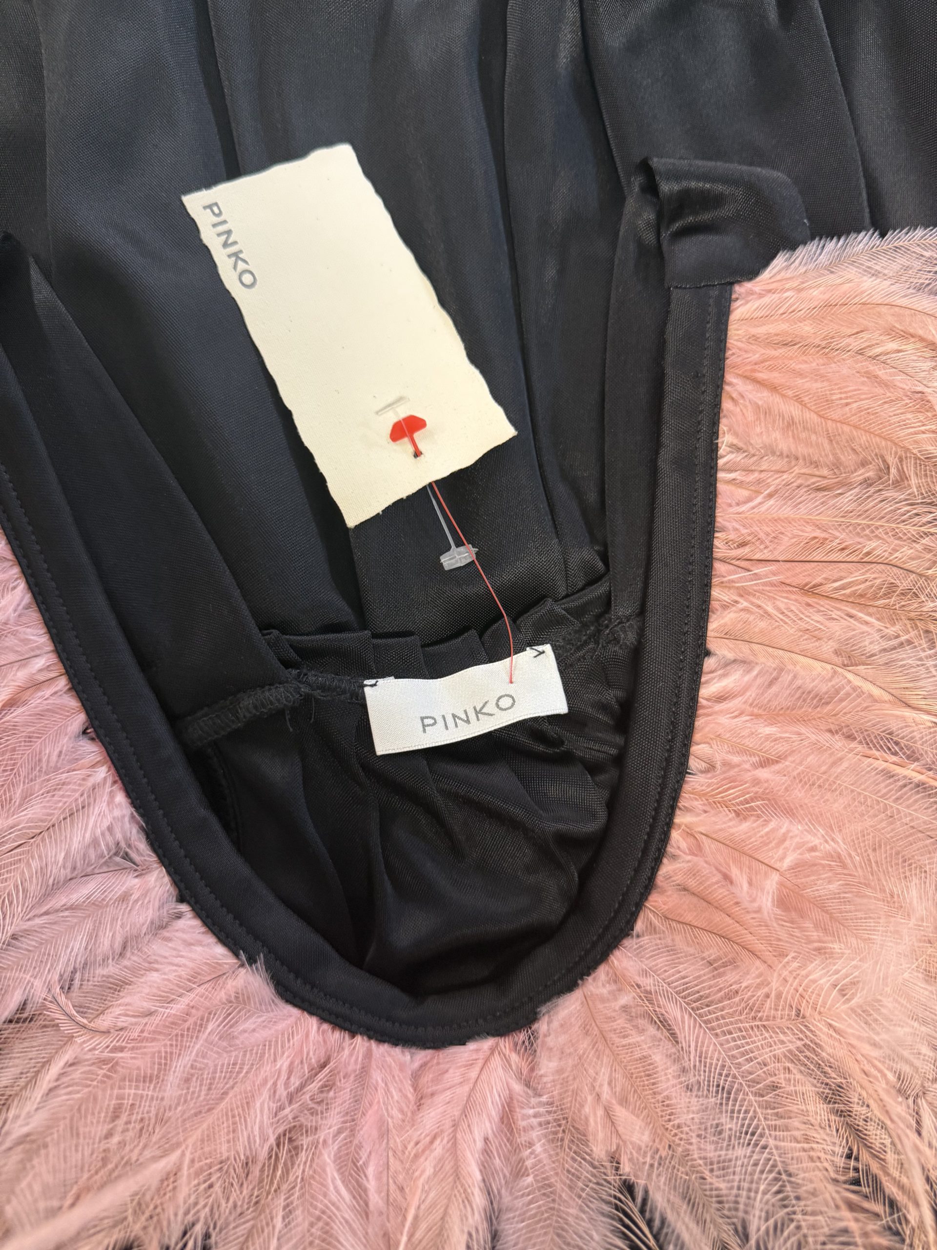 Pinko Black Cocktail Dress with Blush Feather Neckline