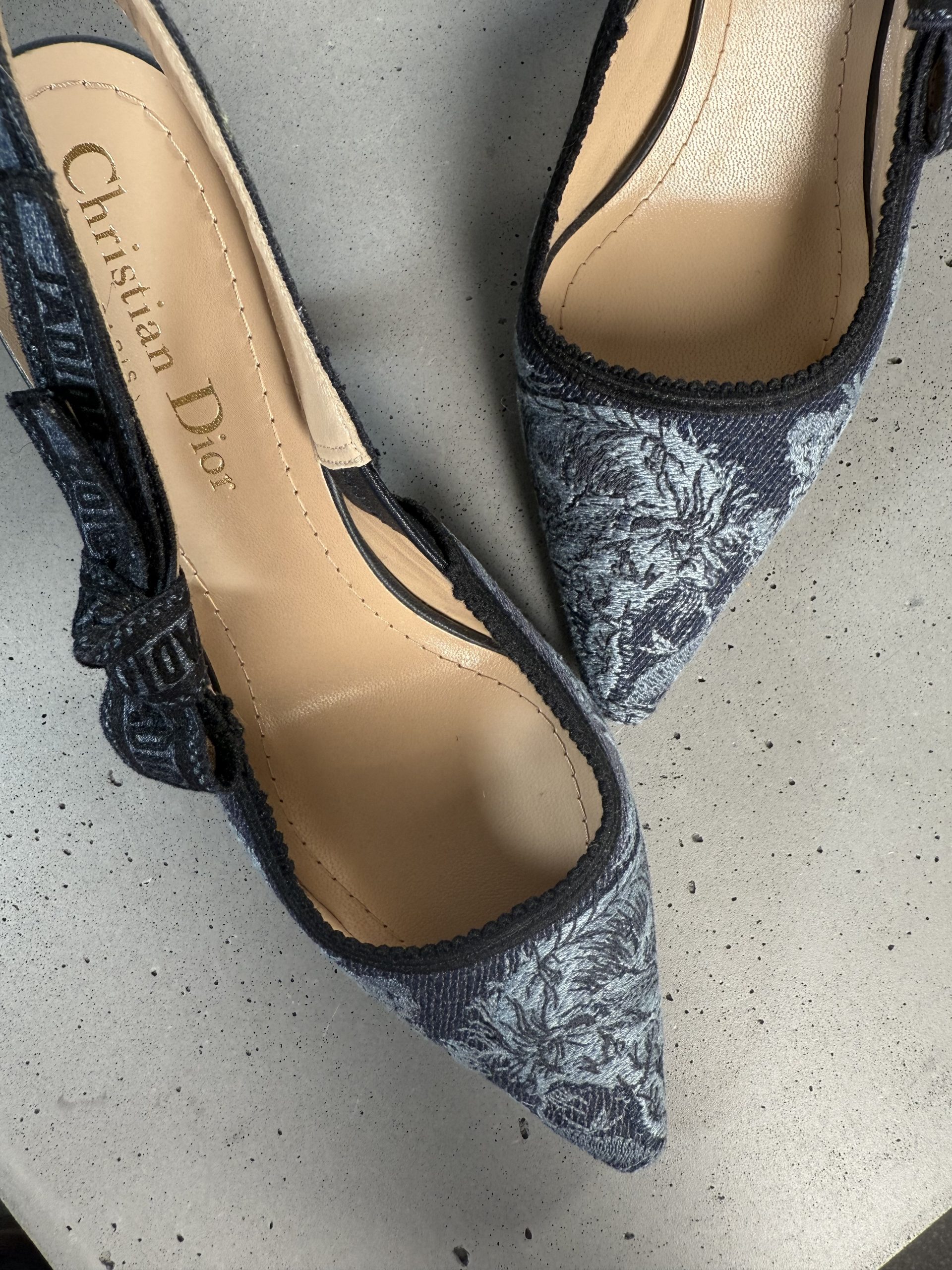 Christian Dior J’Adior Dark-Blue Slingbacks with Light-Blue Botanical Embroidery Christian Dior J’Adior Dark-Blue Slingbacks with Light-Blue Botanical Embroidery
