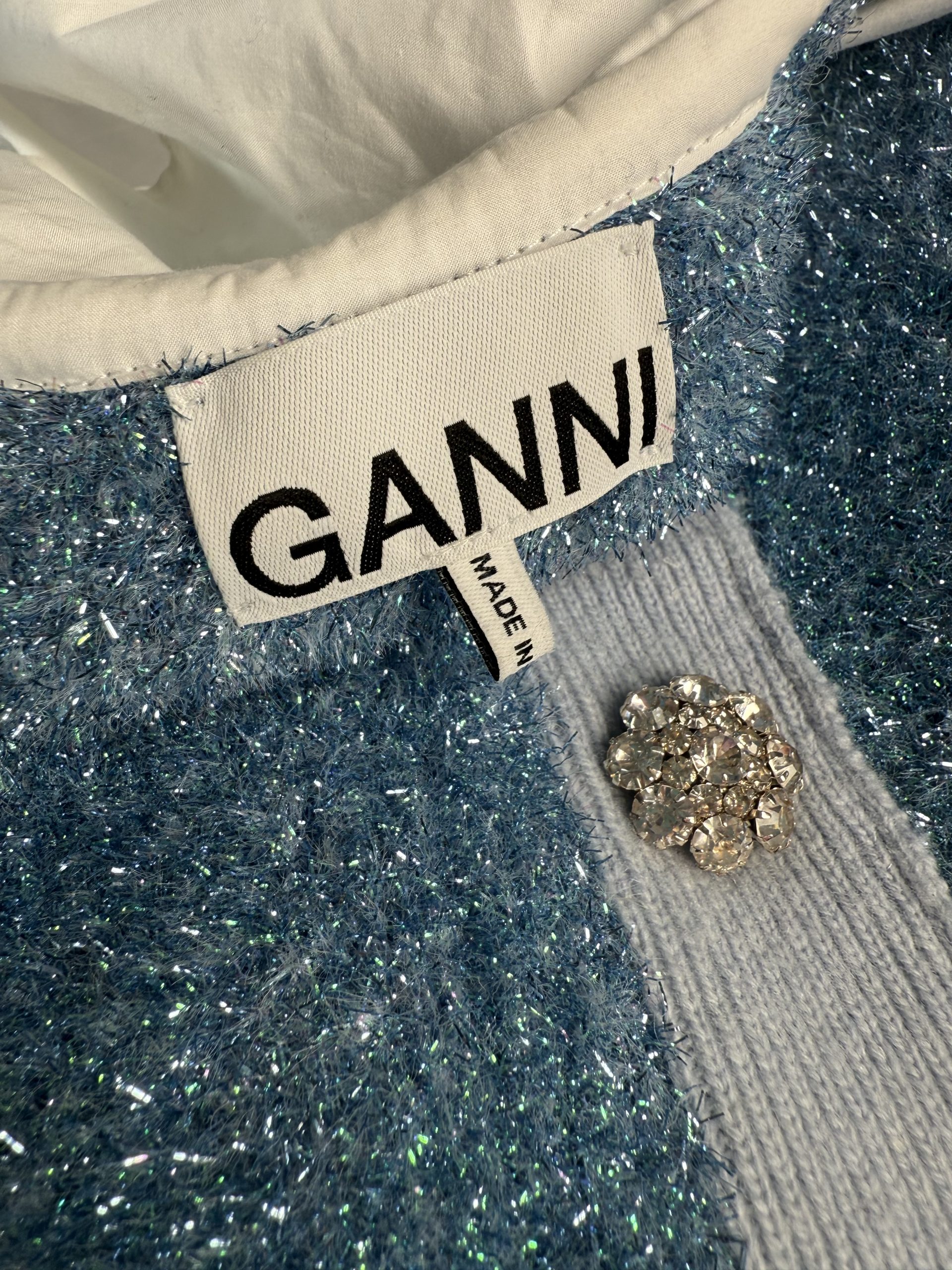 Ganni Festive Cropped Sparkling Sweater with Crystal-Flower Buttons Ganni Festive Cropped Sparkling Sweater with Crystal-Flower Buttons