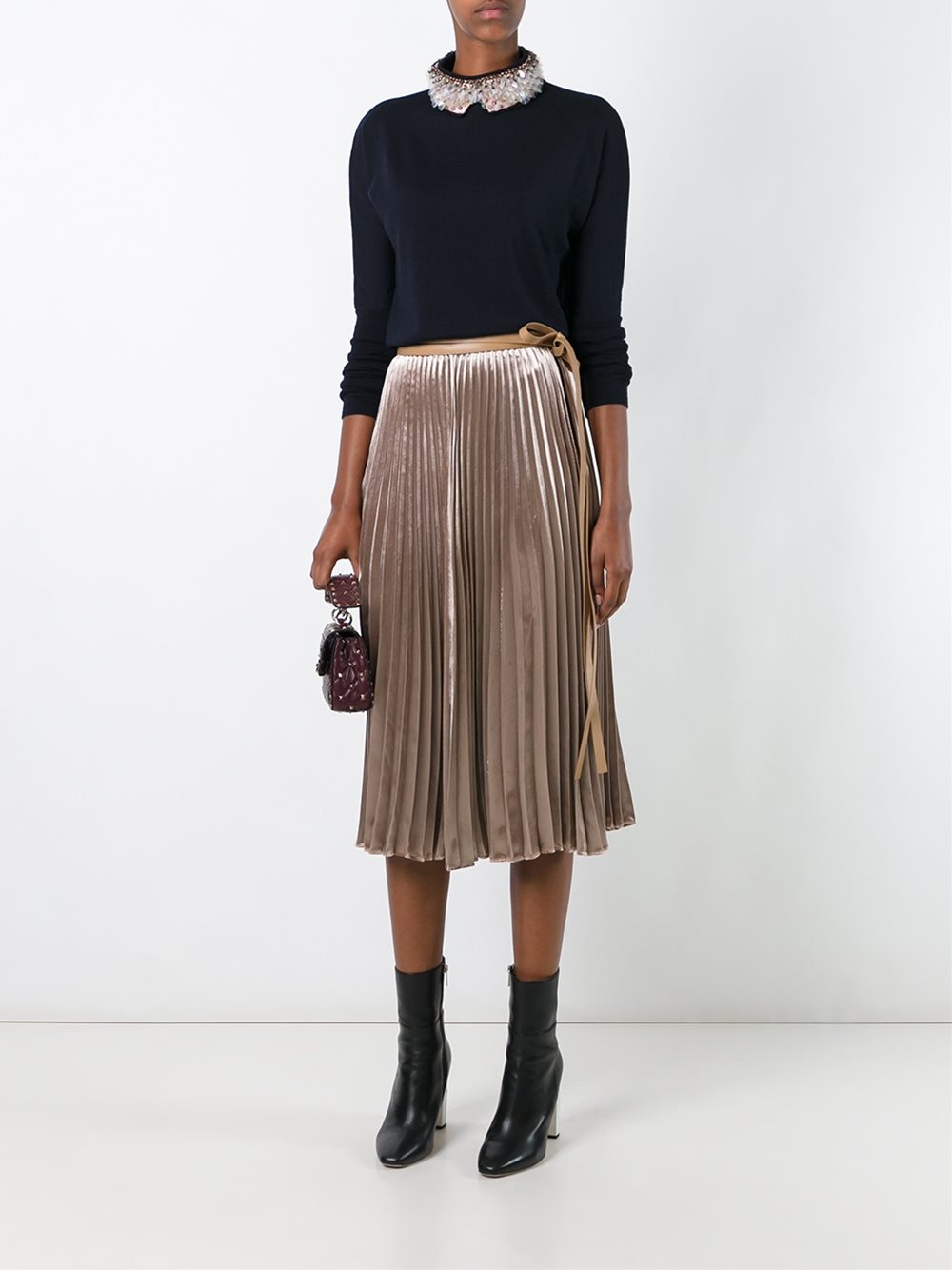VALENTINO SKIRT, IT40 Pleated velvet skirt with leather belt