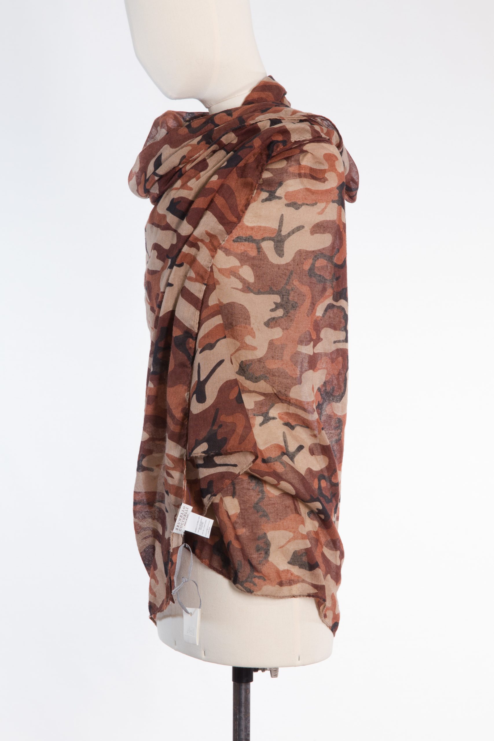 Brunello Cucinelli Lightweight Cashmere Blend Scarf in Warm Camouflage Tones