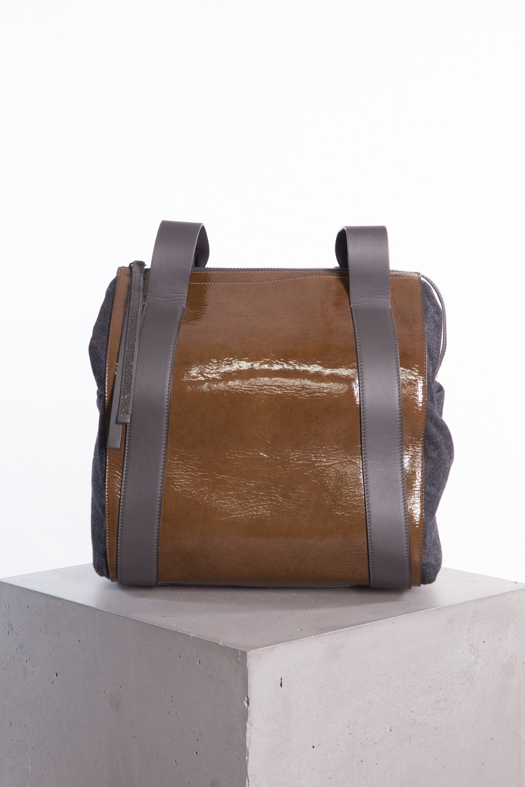 Brunello Cucinelli Beaded Barrel Bag with Leather Zipper Pull Brunello Cucinelli Beaded Barrel Bag with Leather Zipper Pull