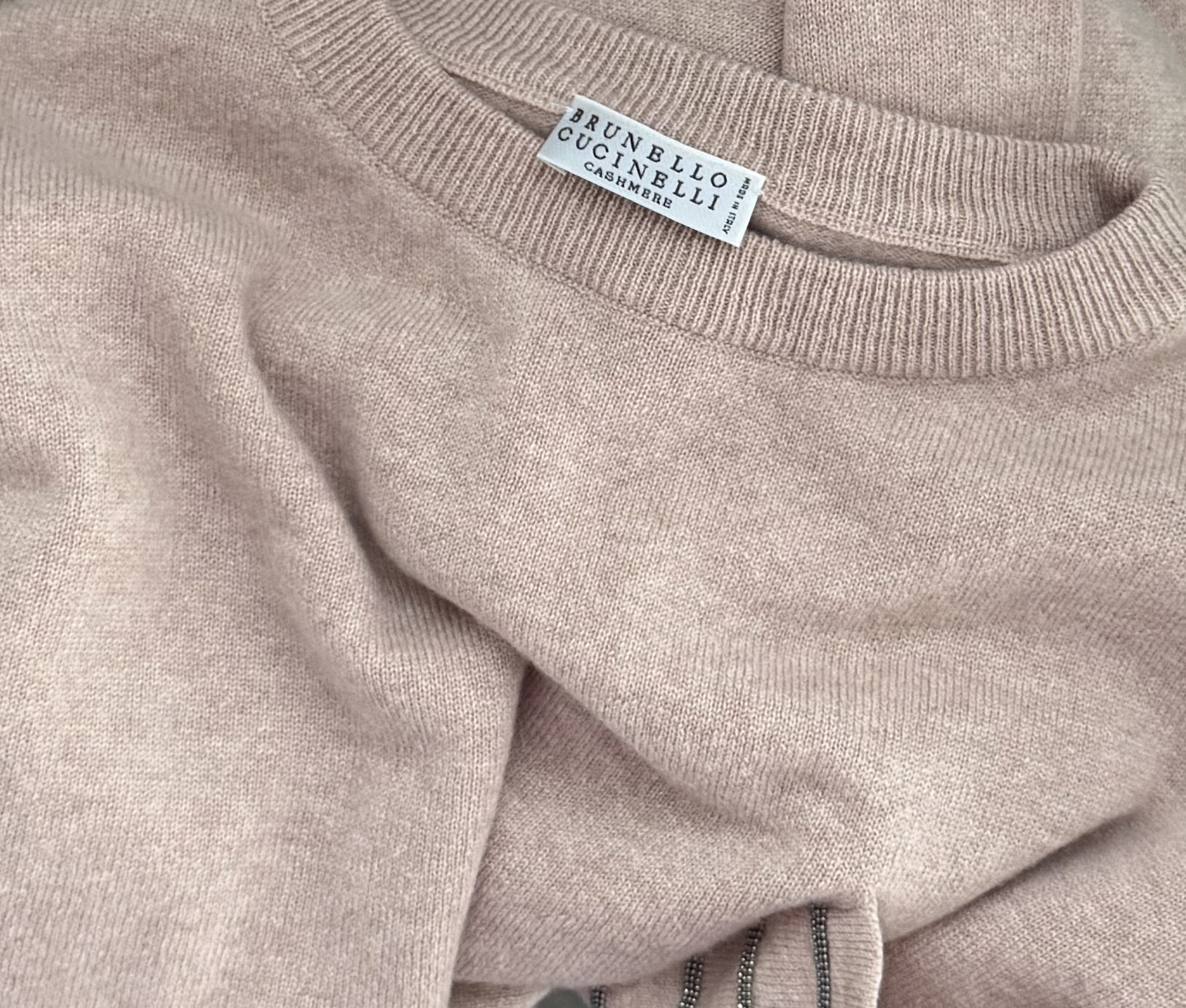 Brunello Cucinelli Cashmere Sweater in Dusty Rose monili beads pocket