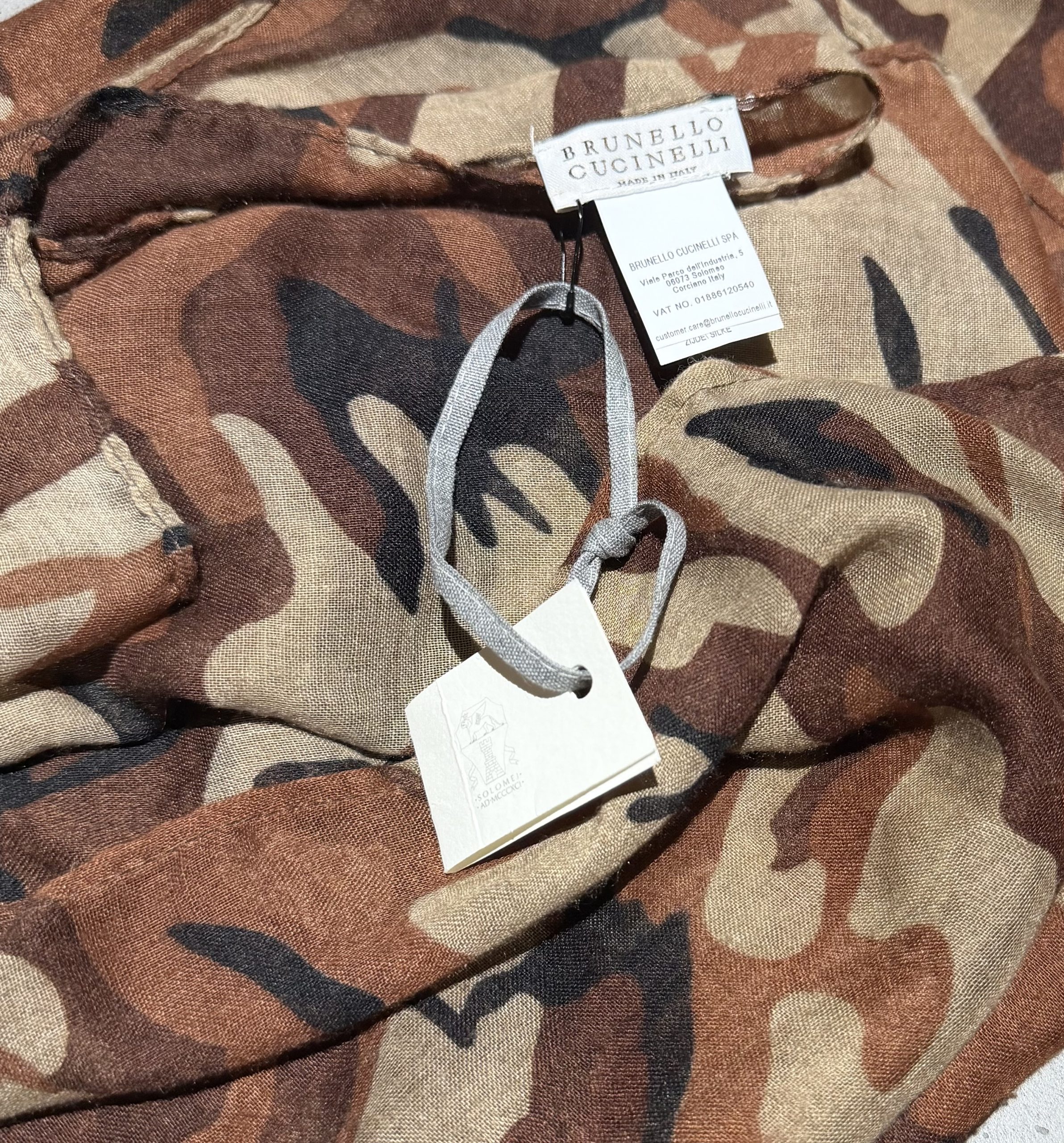 Brunello Cucinelli Lightweight Cashmere Blend Scarf in Warm Camouflage Tones