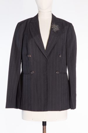 Brunello Cucinelli Black Pinstripe Double-Breasted Blazer with Crystal Floral Embellishment