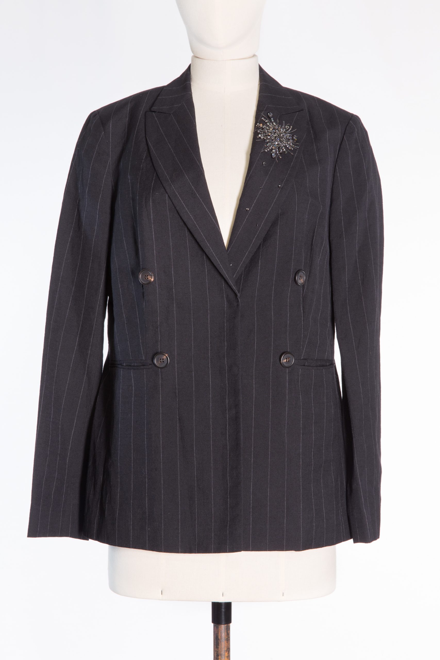 Brunello Cucinelli Black Pinstripe Double-Breasted Blazer with Crystal Floral Embellishment