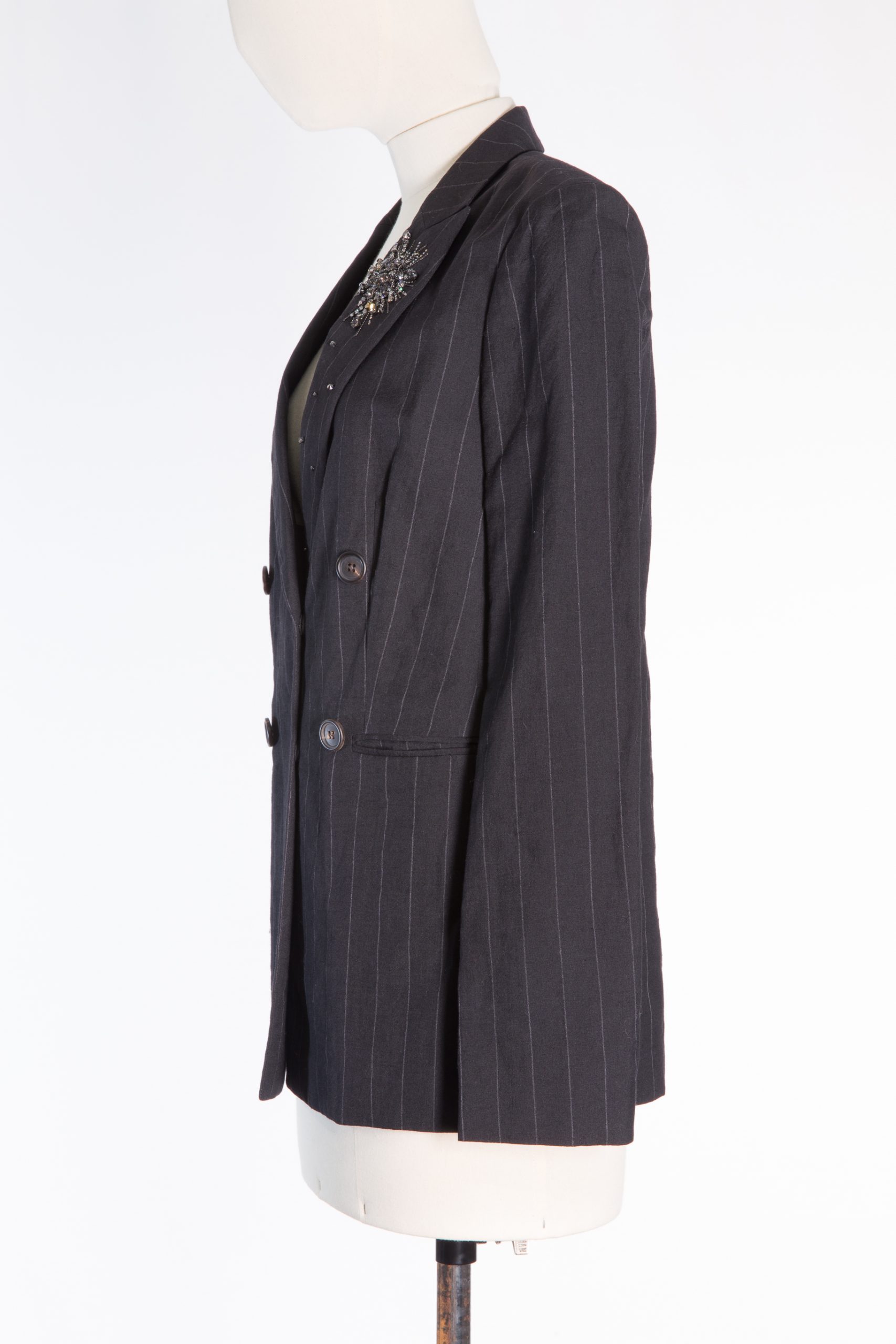 Brunello Cucinelli Black Pinstripe Double-Breasted Blazer with Crystal Floral Embellishment