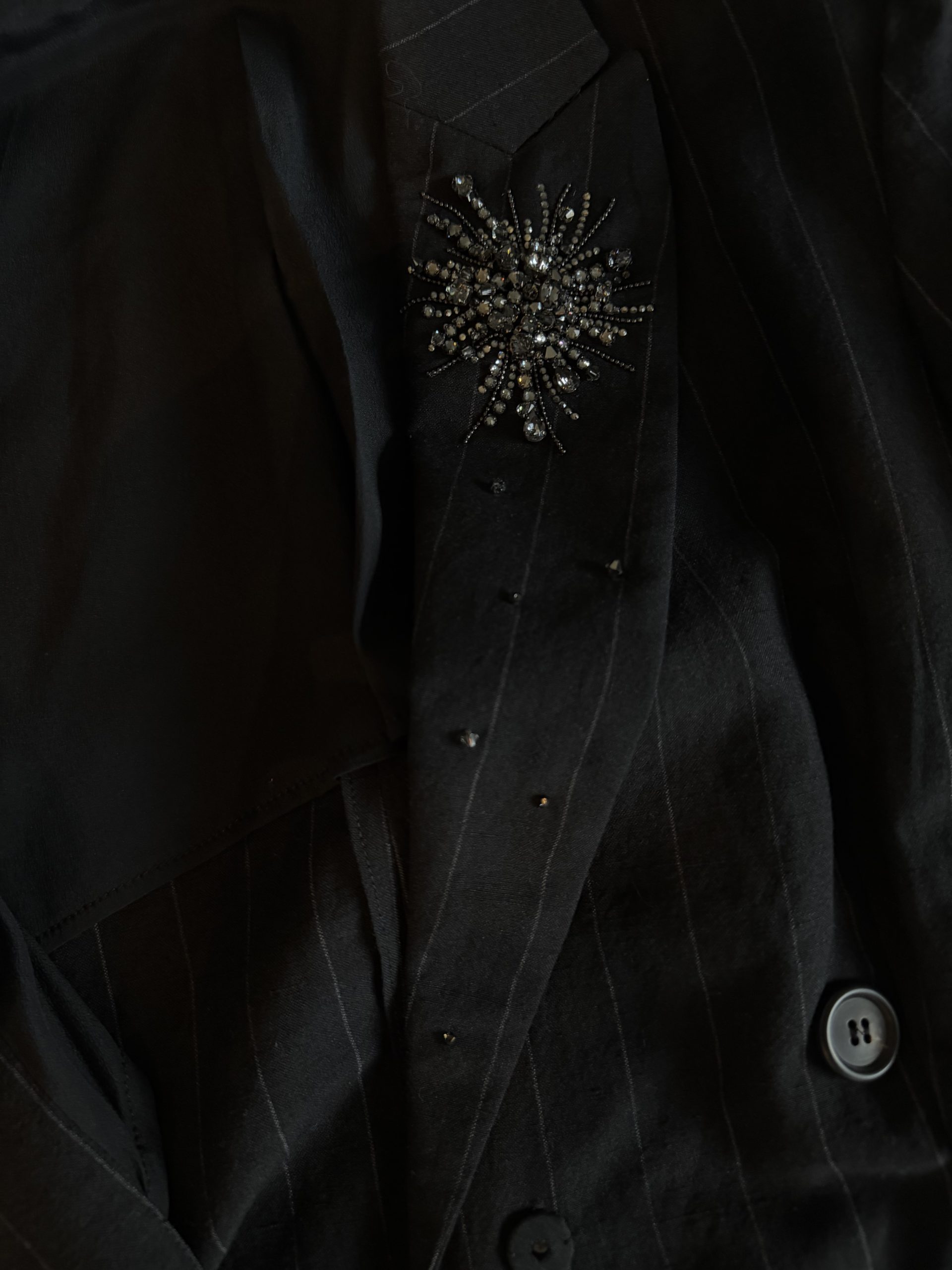 Brunello Cucinelli Black Pinstripe Double-Breasted Blazer with Crystal Floral Embellishment
